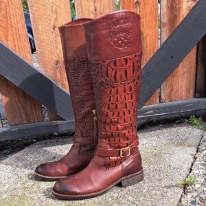 Vince Camuto Cognac Leather Riding Boots with Croc-Embossed Shaft